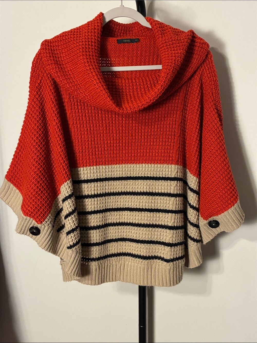 THML Brick Red & Beige Striped Cowl Neck Poncho Sweater Medium / Large